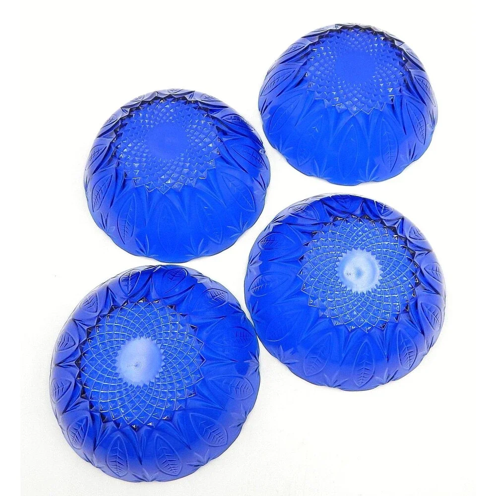 AVON Royal Sapphire Cereal Salad Bowls Cobalt Blue Leaf 6.5 Inch Glass Set of 4